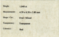 ok. 1,04ct/1szt -CERTYFIKOWANY NIE WYGRZEWANY RUBIN NAT.-  6,50x4,50 mm 3,80mm głęb. owal