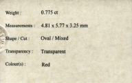 ok. 0,78ct/1szt -CERTYFIKOWANY NIE WYGRZEWANY RUBIN NAT.- 5,77x4,81mm 3,25mm głęb. owal ok. 0,78ct/1szt -CERTYFIKOWANY NIE WYGRZEWANY RUBIN NAT.- 5,77x4,81mm 3,25mm głęb. owal